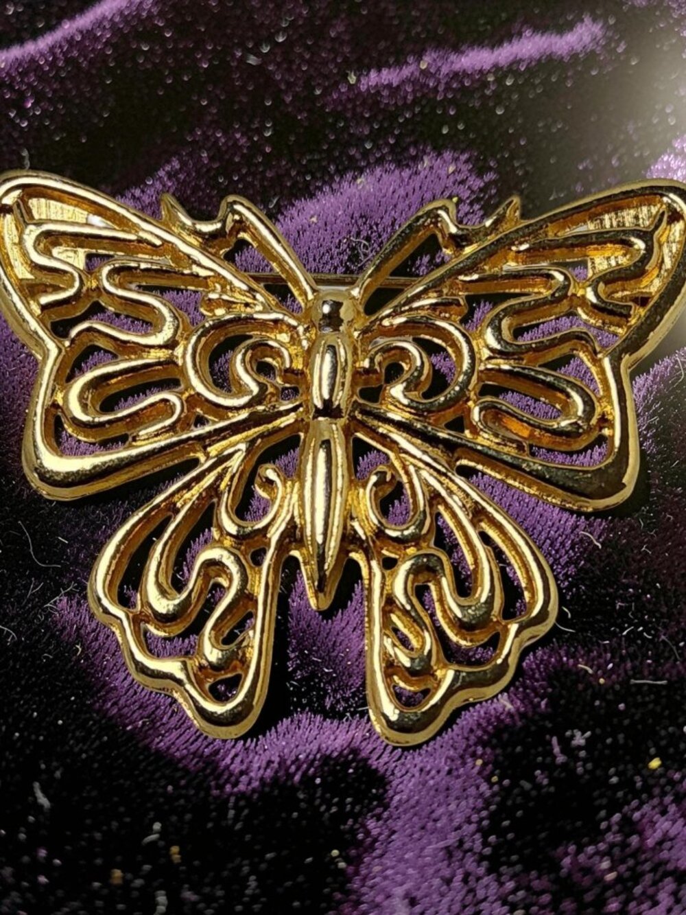 vintage gold tone art deco open scroll butterfly brooch